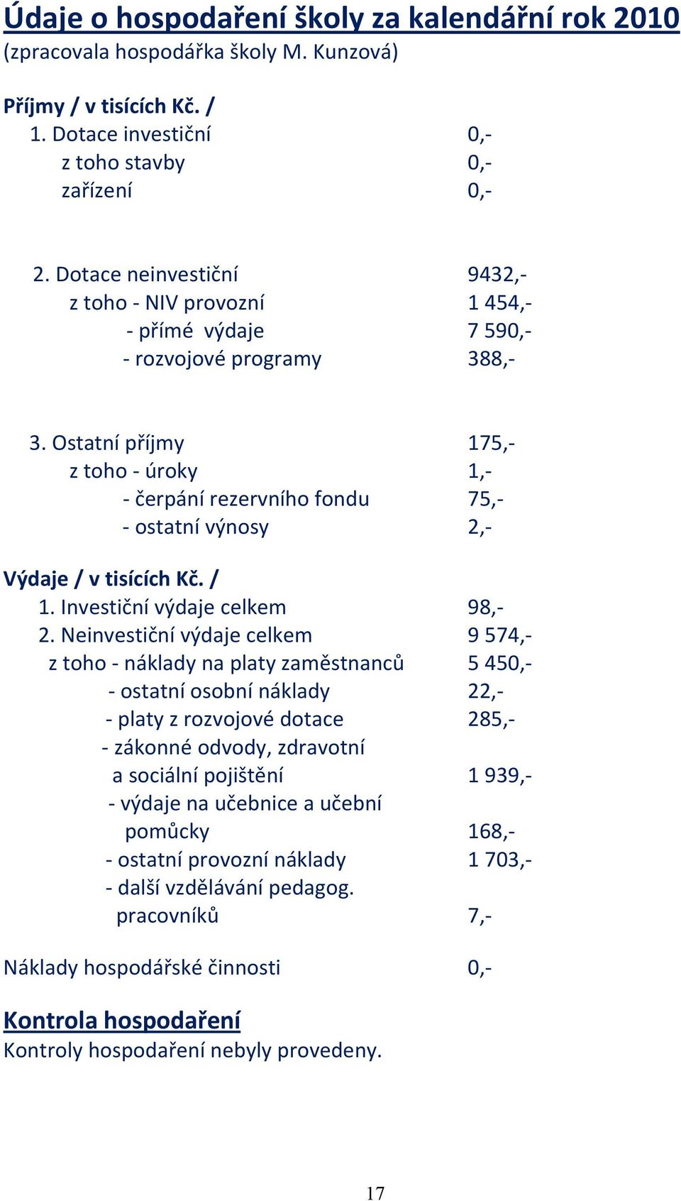 Ostatní příjmy 175, z toho úroky 1, čerpání rezervního fondu 75, ostatní výnosy 2, Výdaje / v tisících Kč. / 1. Investiční výdaje celkem 98, 2.