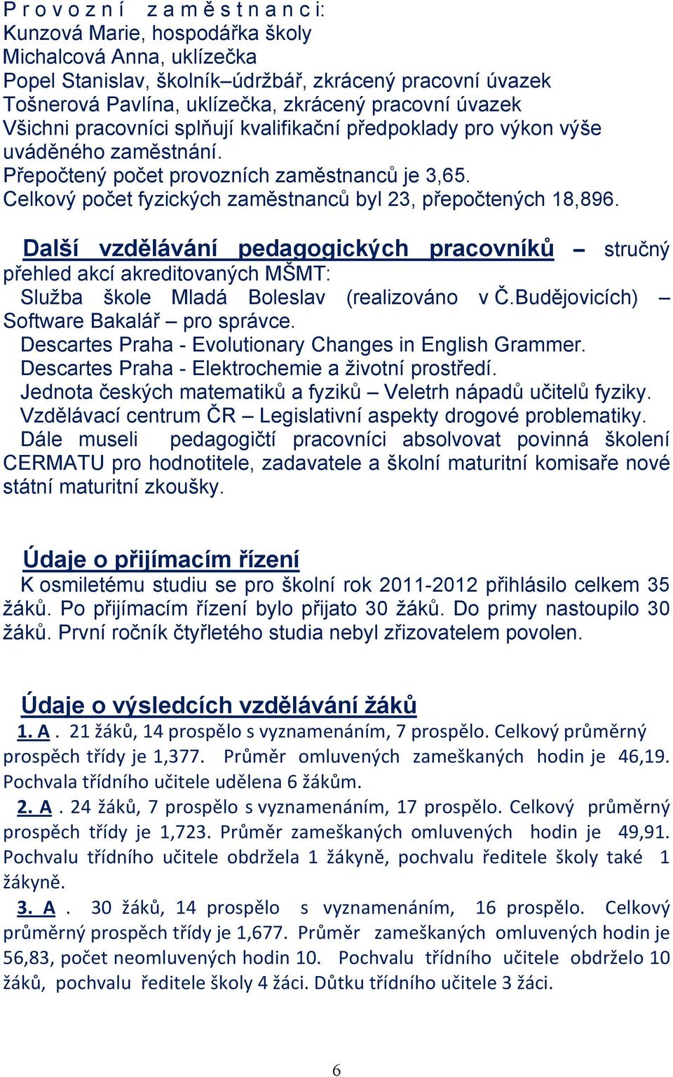 Celkový počet fyzických zaměstnanců byl 23, přepočtených 18,896. Další vzdělávání pedagogických pracovníků stručný přehled akcí akreditovaných MŠMT: Služba škole Mladá Boleslav (realizováno v Č.