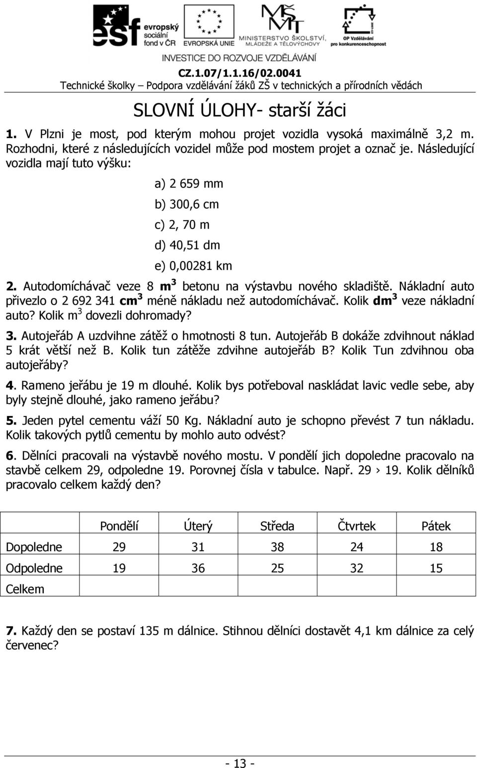 Nákladní auto přivezlo o 2 692 341 cm 3 méně nákladu než autodomíchávač. Kolik dm 3 veze nákladní auto? Kolik m 3 dovezli dohromady? 3. Autojeřáb A uzdvihne zátěž o hmotnosti 8 tun.