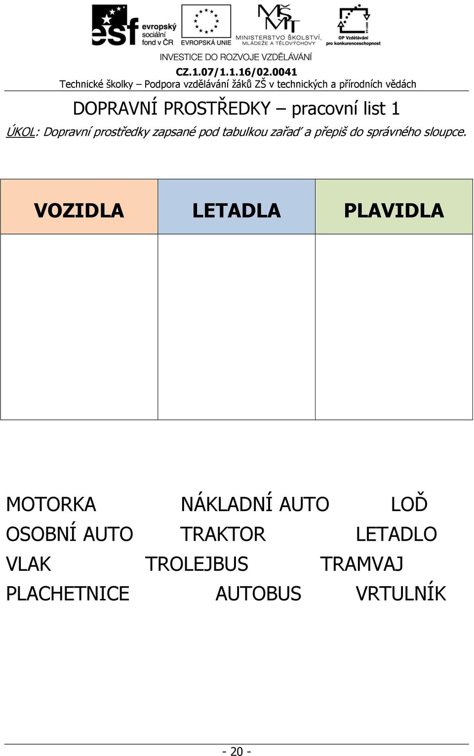 VOZIDLA LETADLA PLAVIDLA MOTORKA NÁKLADNÍ AUTO LOĎ OSOBNÍ AUTO