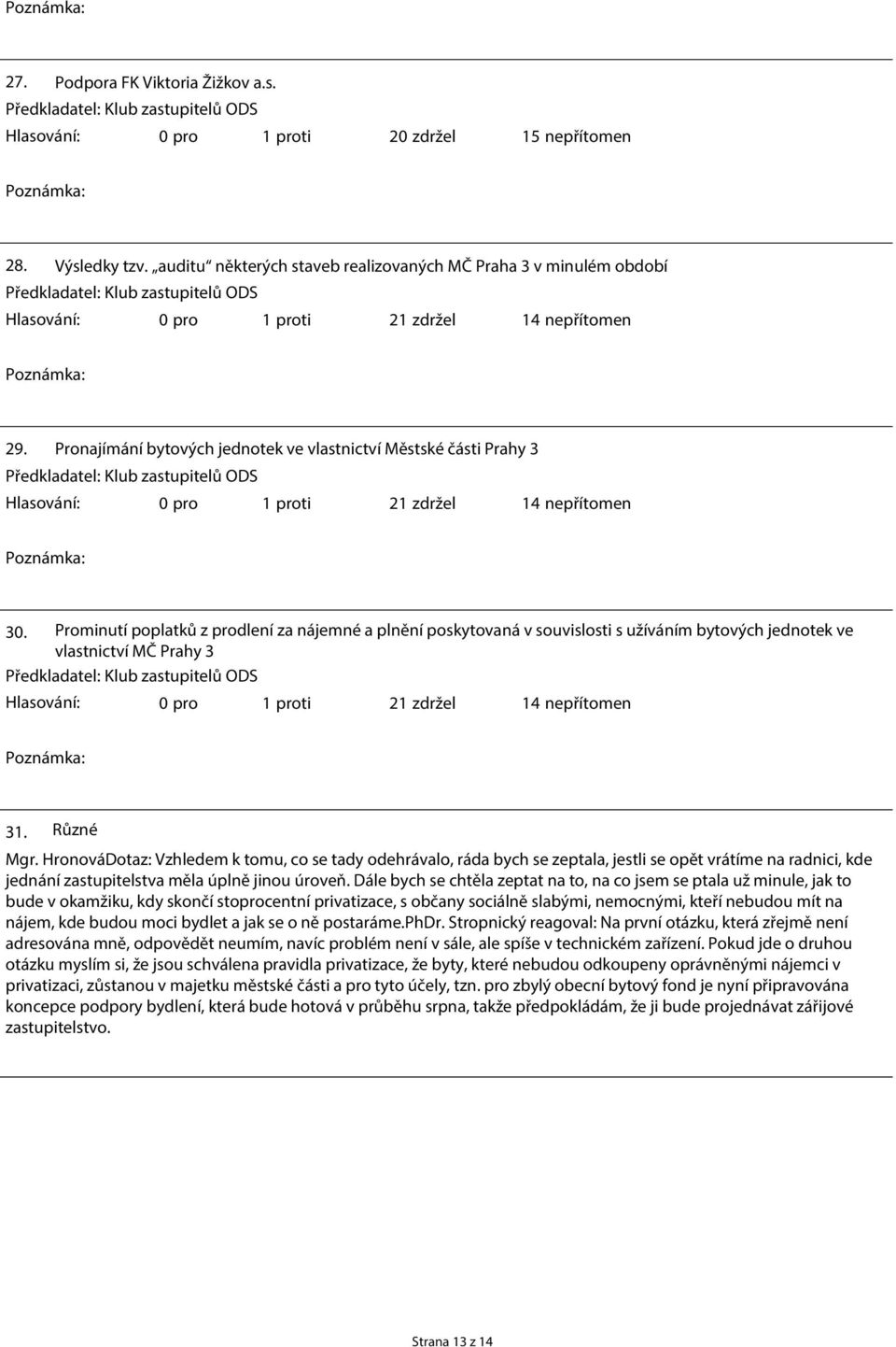 Pronajímání bytových jednotek ve vlastnictví Městské části Prahy 3 Předkladatel: Klub zastupitelů ODS 0 pro 1 proti 21 zdržel 14 nepřítomen 30.