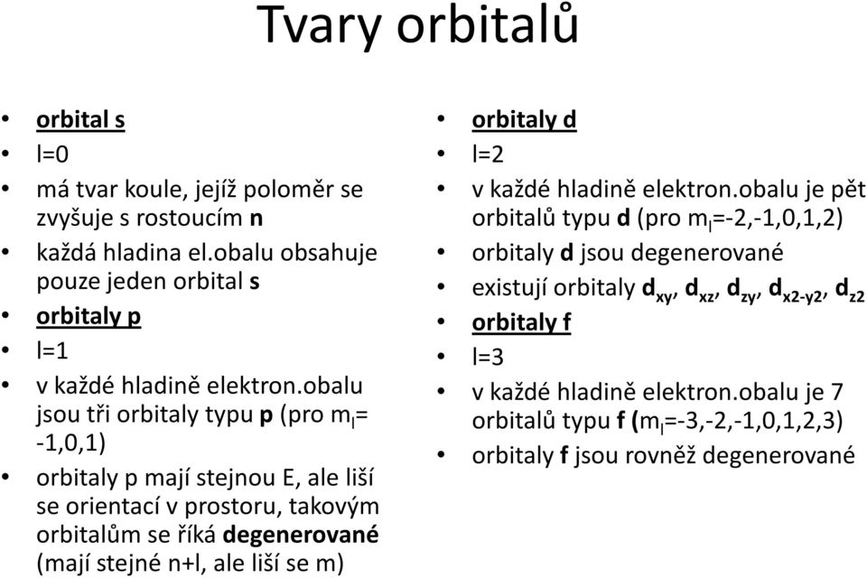 obalu jsou tři orbitaly typu p (pro m l = -1,0,1) orbitaly p mají stejnou E, ale liší se orientací vprostoru, takovým orbitalům se říká degenerované (mají stejné