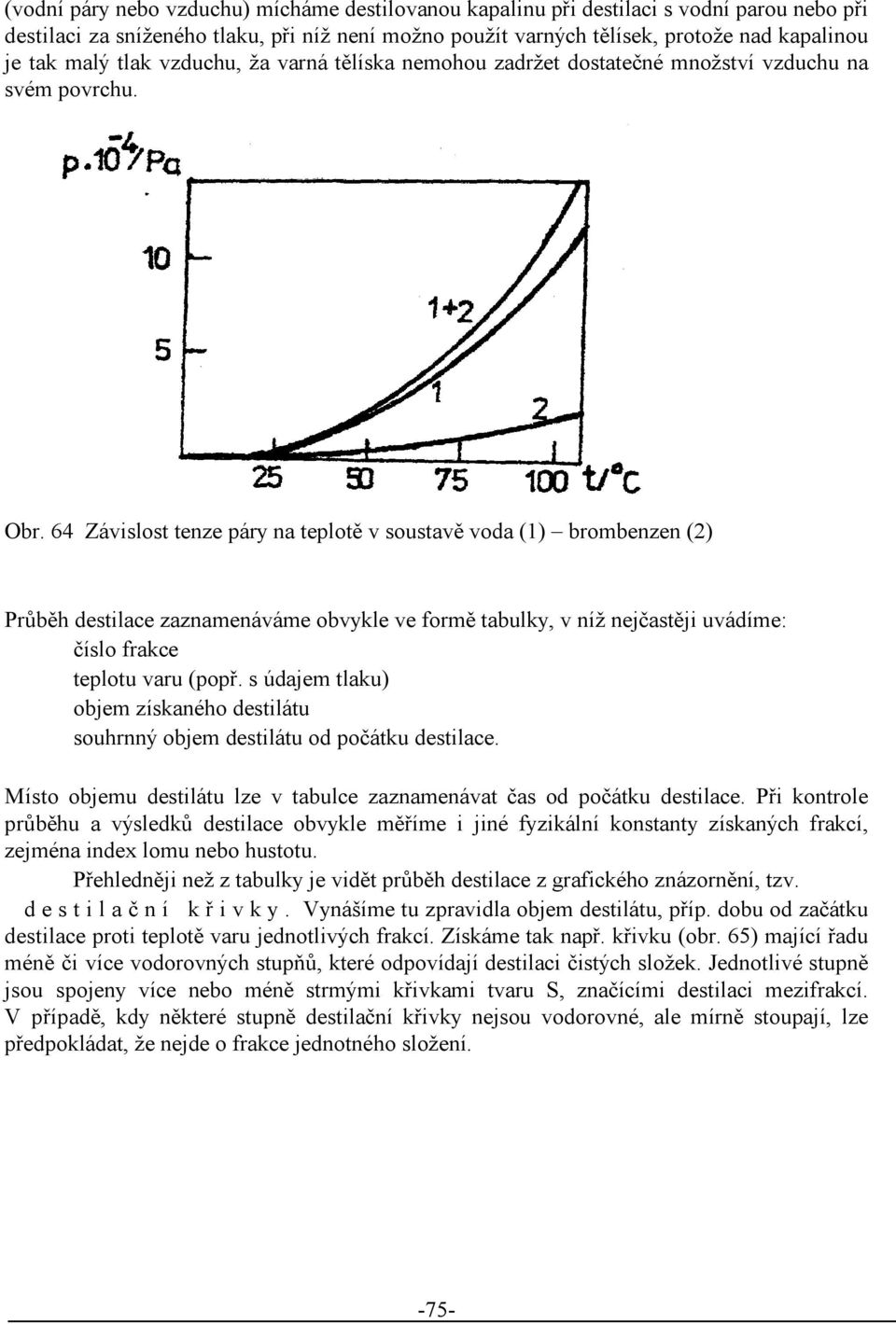 64 Závislost tenzepárynateplotě vsoustavě voda(1) brombenzen (2) Průběh destilacezaznamenávámeobvykleveformě tabulky, vnížnejčastějiuvádíme: číslo frakce teplotu varu (popř.