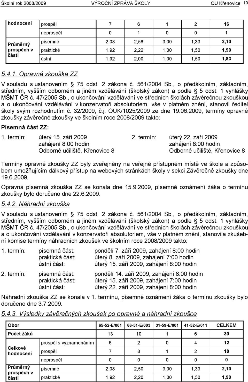 , o předškolním, základním, středním, vyšším odborném a jiném vzdělávání (školský zákon) a podle 5 odst. 1 vyhlášky MŠMT ČR č. 47/2005 Sb.