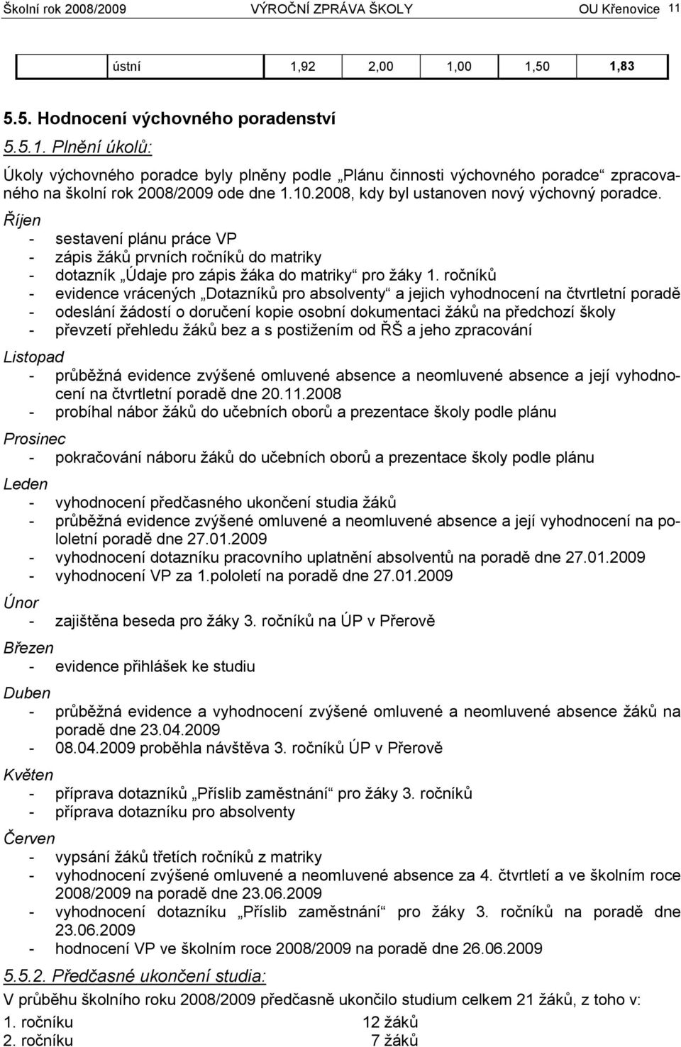 ročníků - evidence vrácených Dotazníků pro absolventy a jejich vyhodnocení na čtvrtletní poradě - odeslání žádostí o doručení kopie osobní dokumentaci žáků na předchozí školy - převzetí přehledu žáků