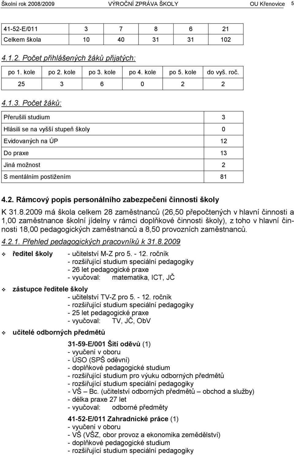 8.2009 má škola celkem 28 zaměstnanců (26,50 přepočtených v hlavní činnosti a 1,00 zaměstnance školní jídelny v rámci doplňkové činnosti školy), z toho v hlavní činnosti 18,00 pedagogických