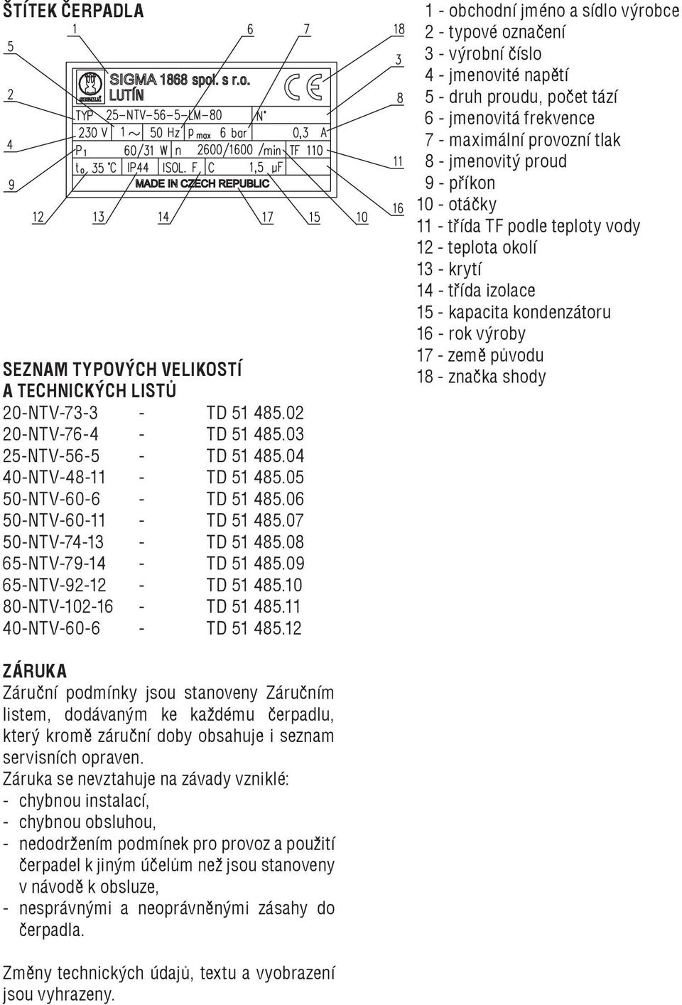 12 1 - obchodní jméno a sídlo výrobce 2 - typové označení 3 - výrobní číslo 4 - jmenovité napětí 5 - druh proudu, počet tází 6 - jmenovitá frekvence 7 - maximální provozní tlak 8 - jmenovitý proud 9