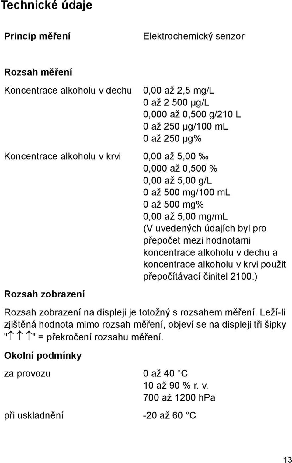 koncentrace alkoholu v dechu a koncentrace alkoholu v krvi použit přepočítávací činitel 2100.) Rozsah zobrazení Rozsah zobrazení na displeji je totožný s rozsahem měření.