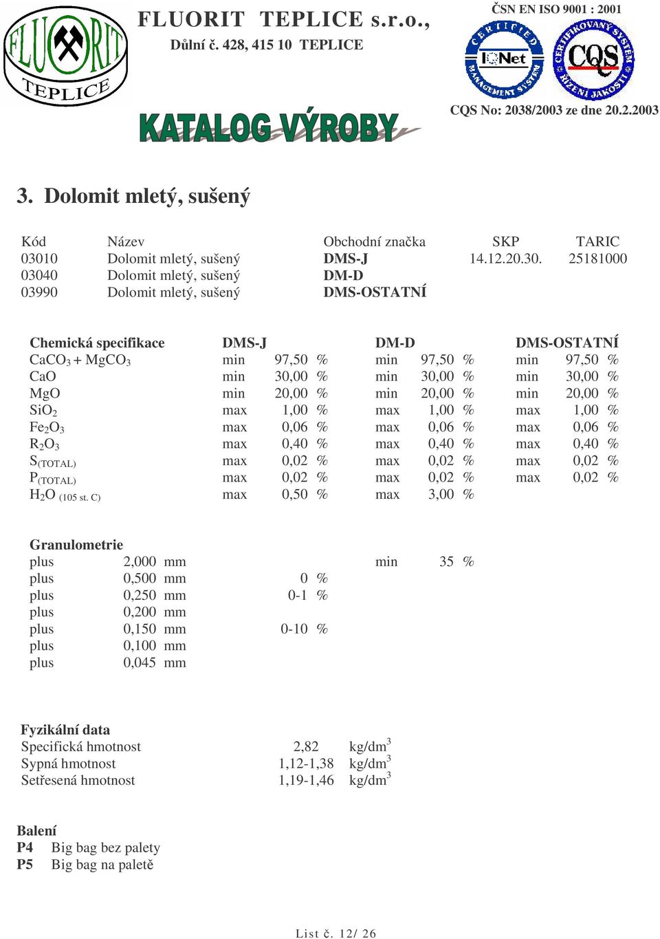 25181000 03040 Dolomit mletý, sušený DM-D 03990 Dolomit mletý, sušený DMS-OSTATNÍ Chemická specifikace DMS-J DM-D DMS-OSTATNÍ CaCO 3 + MgCO 3 min 97,50 % min 97,50 % min 97,50 % CaO min 30,00 % min