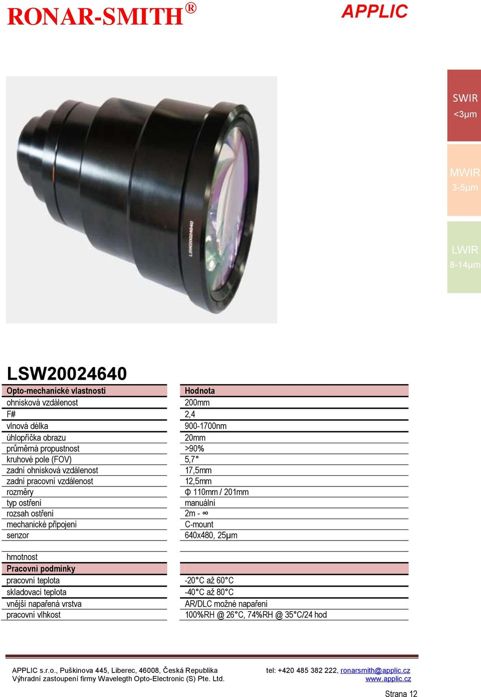 12,5mm Φ 110mm / 201mm 2m - C-mount 640x480, 25μm s.r.