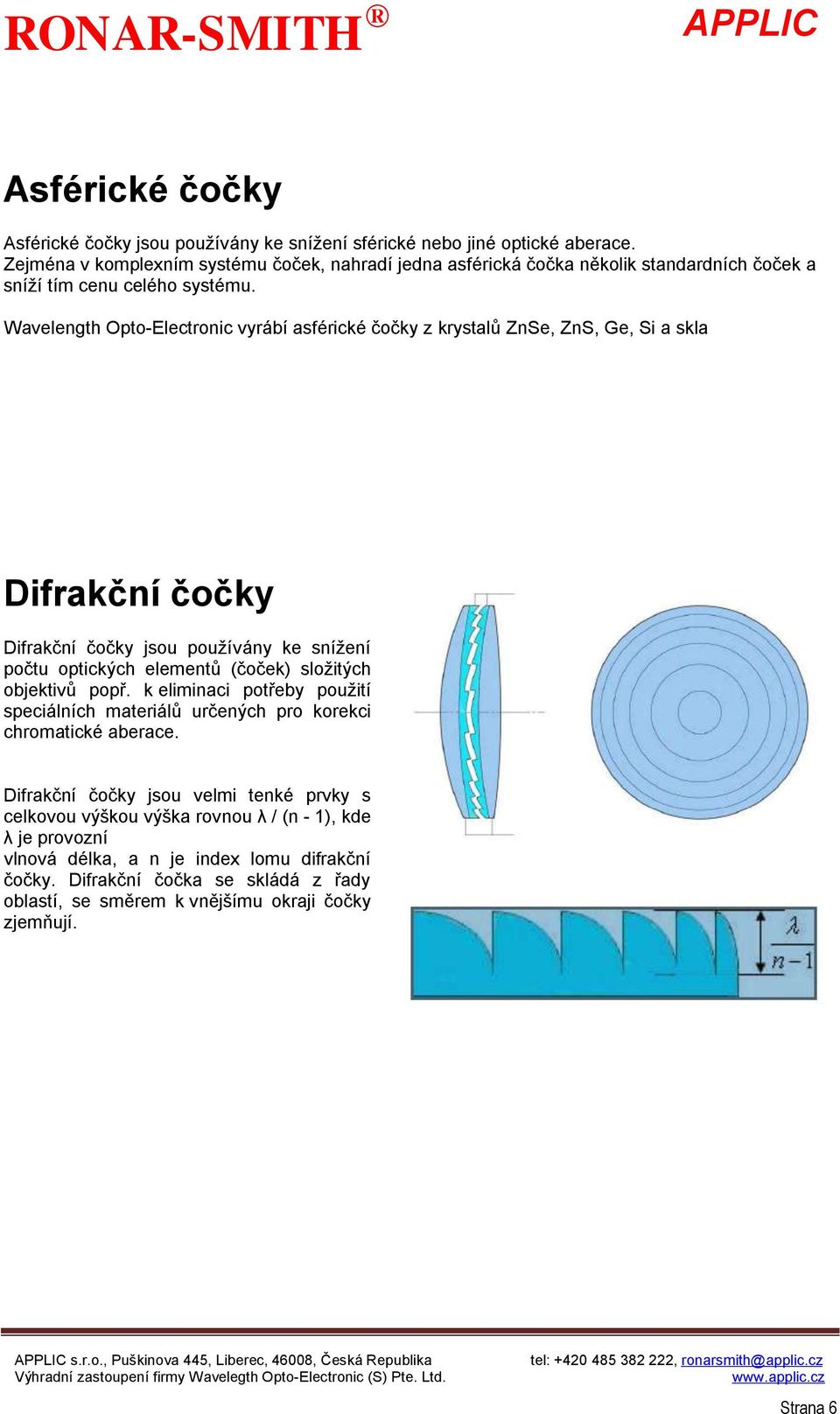 Wavelength Opto-Electronic vyrábí asférické čočky z krystalů ZnSe, ZnS, Ge, Si a skla Difrakční čočky Difrakční čočky jsou používány ke snížení počtu optických elementů (čoček) složitých objektivů