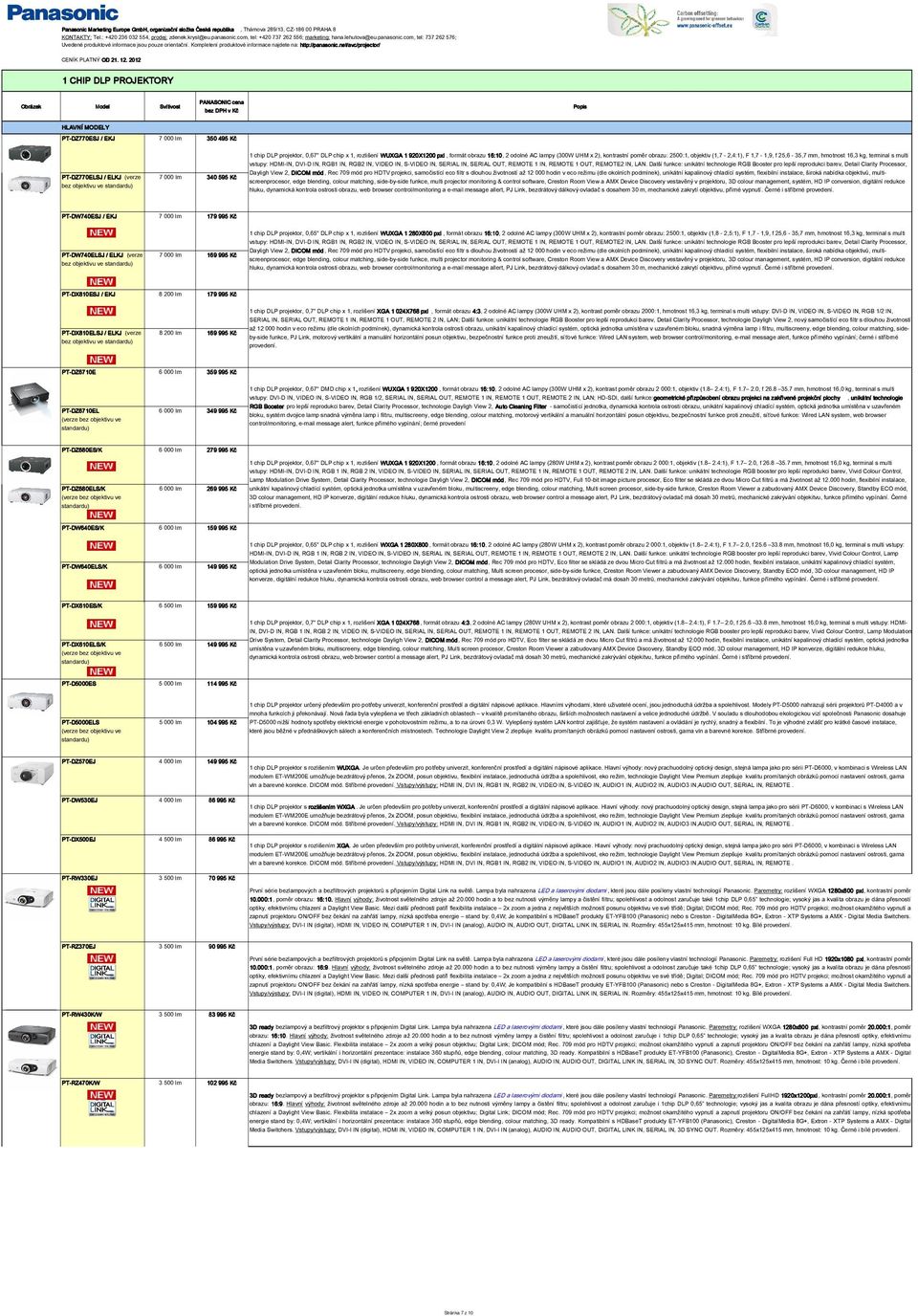 net/avc/projector/ 1 CHIP DLP PROJEKTORY PT-DZ770ESJ / EKJ 7 000 lm 350 495 Kč PT-DZ770ELSJ / ELKJ (verze bez objektivu ve standardu) 7 000 lm 340 595 Kč 1 chip DLP projektor, 0,67" DLP chip x 1,