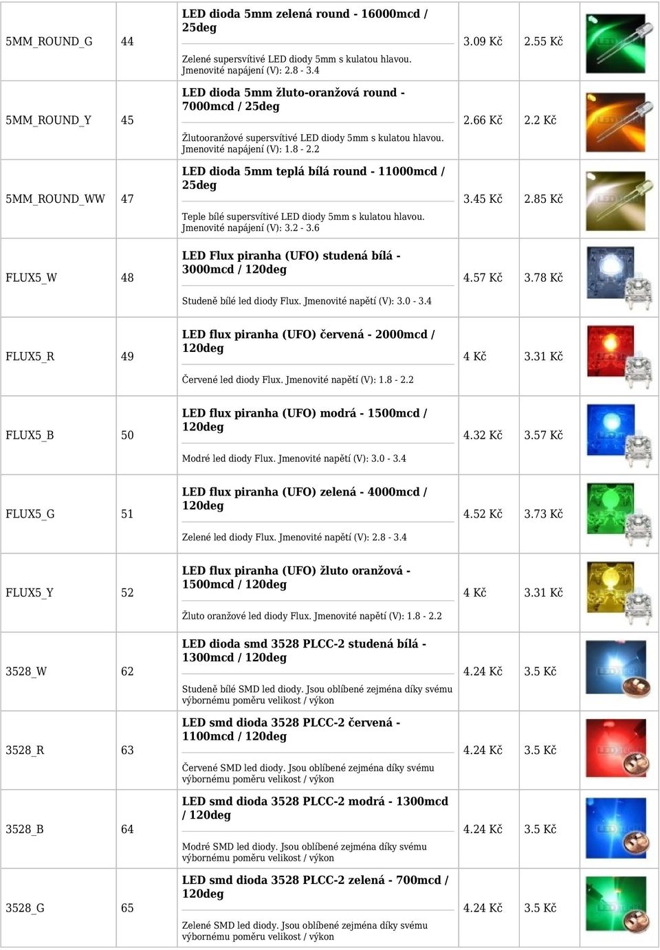 2 LED dioda 5mm teplá bílá round - 11000mcd / 25deg 5MM_ROUND_WW 47 Teple bílé supersvítivé LED diody 5mm s kulatou hlavou. Jmenovité napájení (V): 3.2-3.