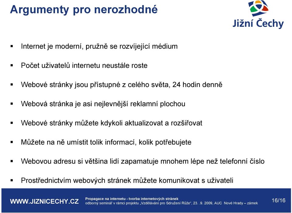 stránky můžete kdykoli aktualizovat a rozšiřovat Můžete na ně umístit tolik informací, kolik potřebujete Webovou adresu