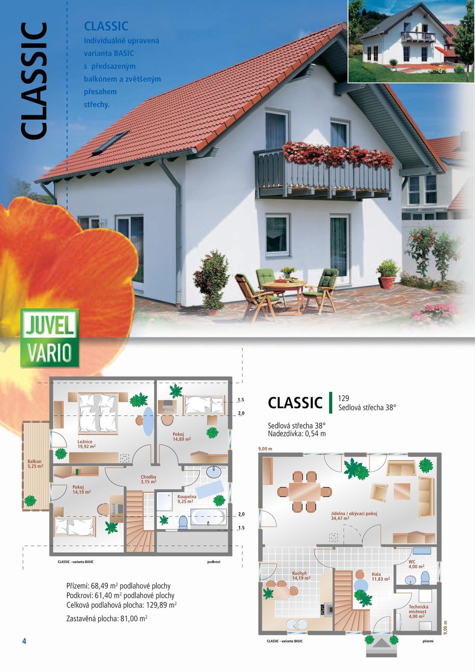 5 Jídelna / obývací pokoj 34,47 m 2 CLASSIC - varianta BASIC Přízemí: 68,49 m 2 podlahové plochy Podkroví: 61,40 m 2 podlahové plochy