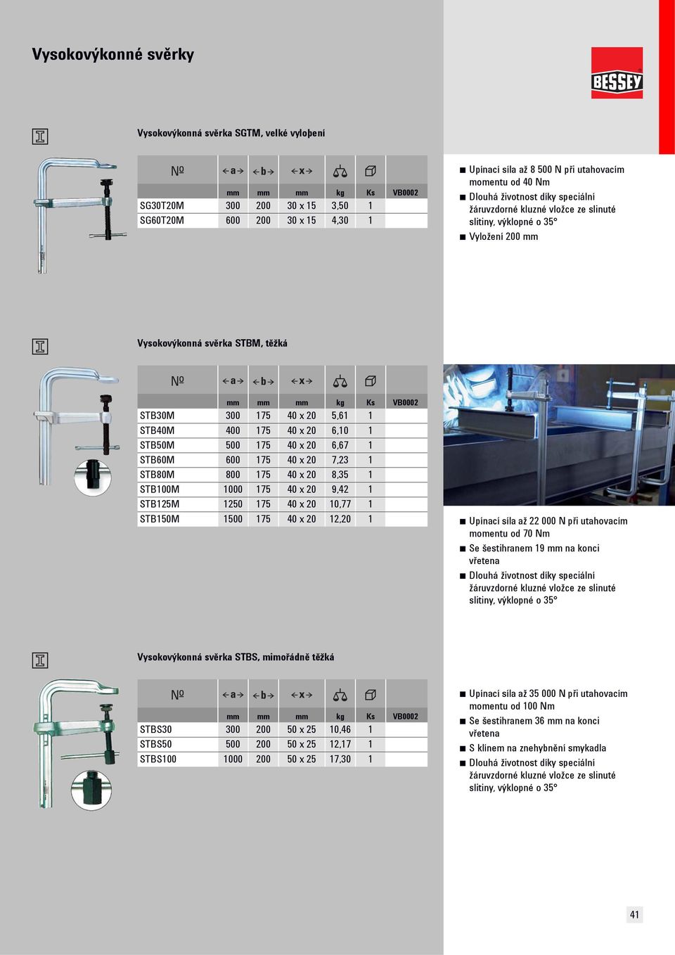 STB125M 1250 175 40 x 20 10,77 1 STB150M 1500 175 40 x 20 12,20 1 Upínací síla až 22 000 N při utahovacím momentu od 70 Nm Se šestihranem 19 mm na konci vřetena Vysokovýkonná svěrka STBS, mimořádně