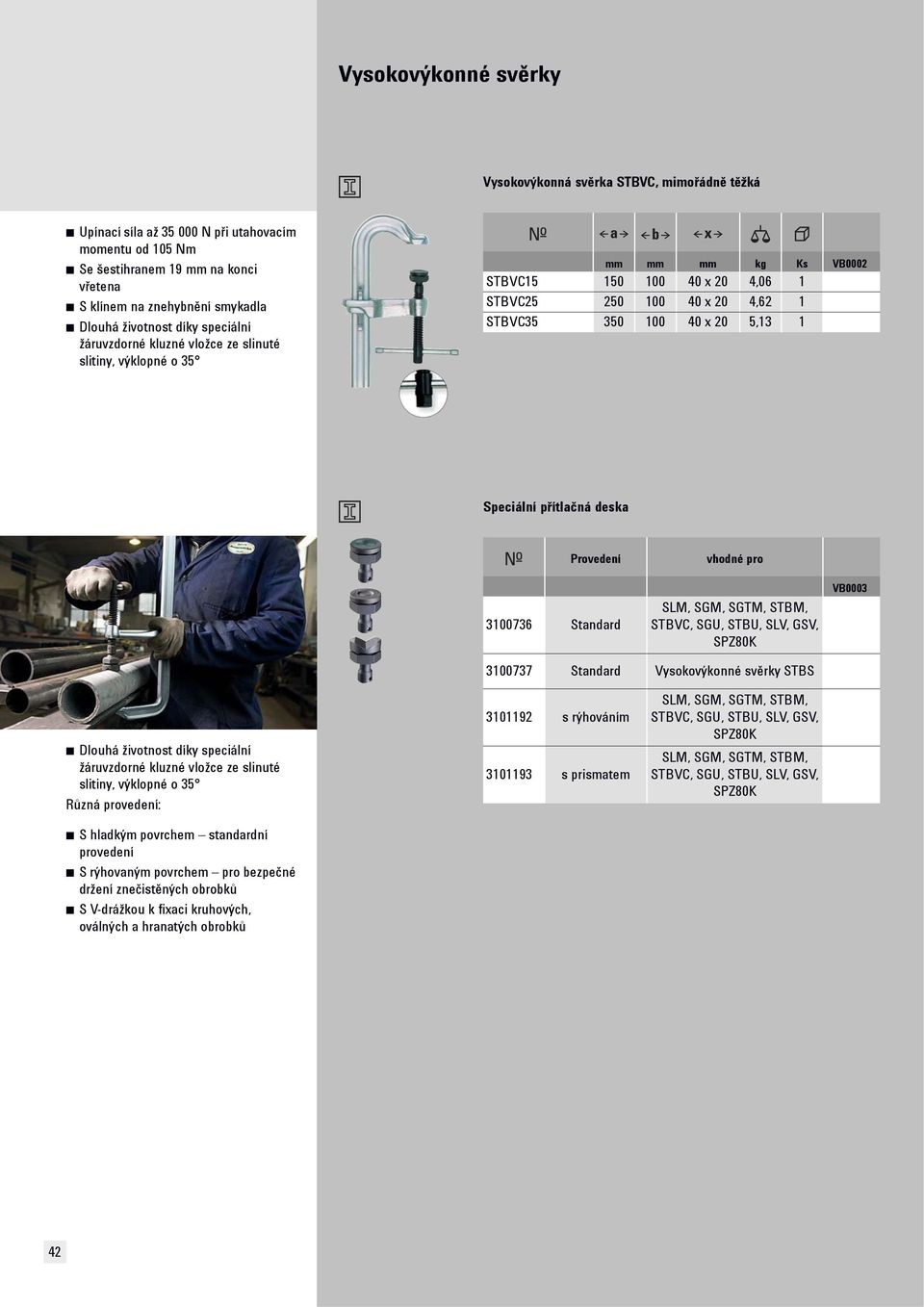 VB0003 3100737 Standard Vysokovýkonné svěrky STBS Různá provedení: S hladkým povrchem standardní provedení S rýhovaným povrchem pro bezpečné držení znečistěných obrobků S V-drážkou k fixaci