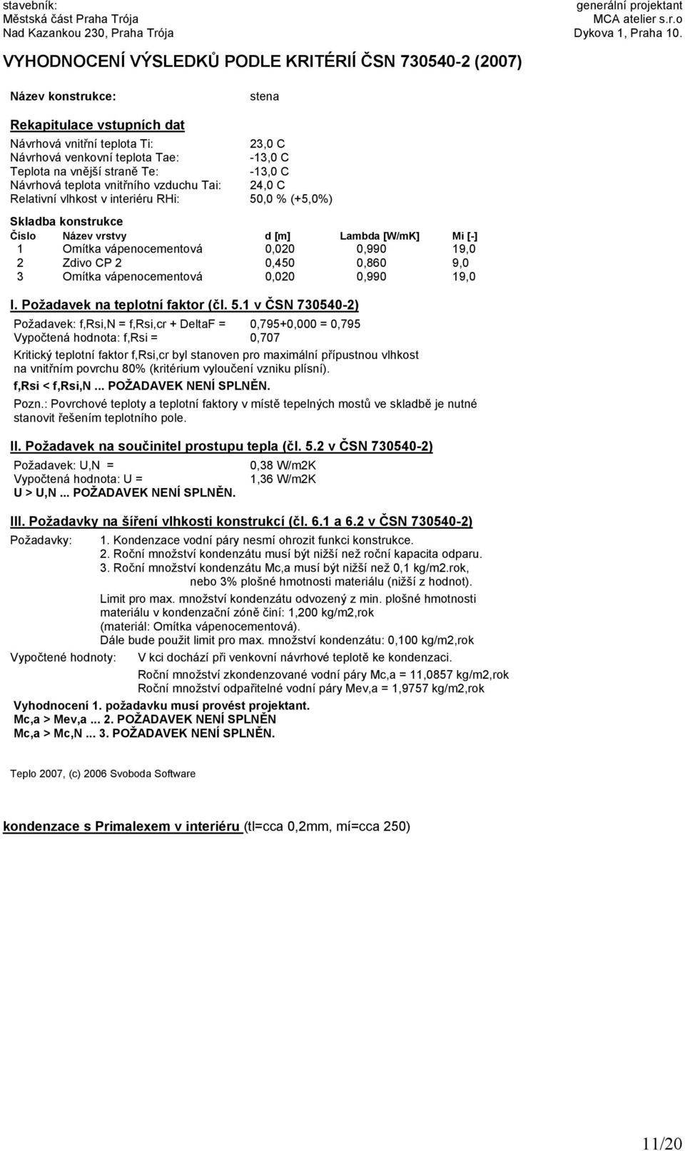 vápenocementová 0,020 0,990 19,0 2 Zdivo CP 2 0,450 0,860 9,0 3 Omítka vápenocementová 0,020 0,990 19,0 I. Požadavek na teplotní faktor (čl. 5.