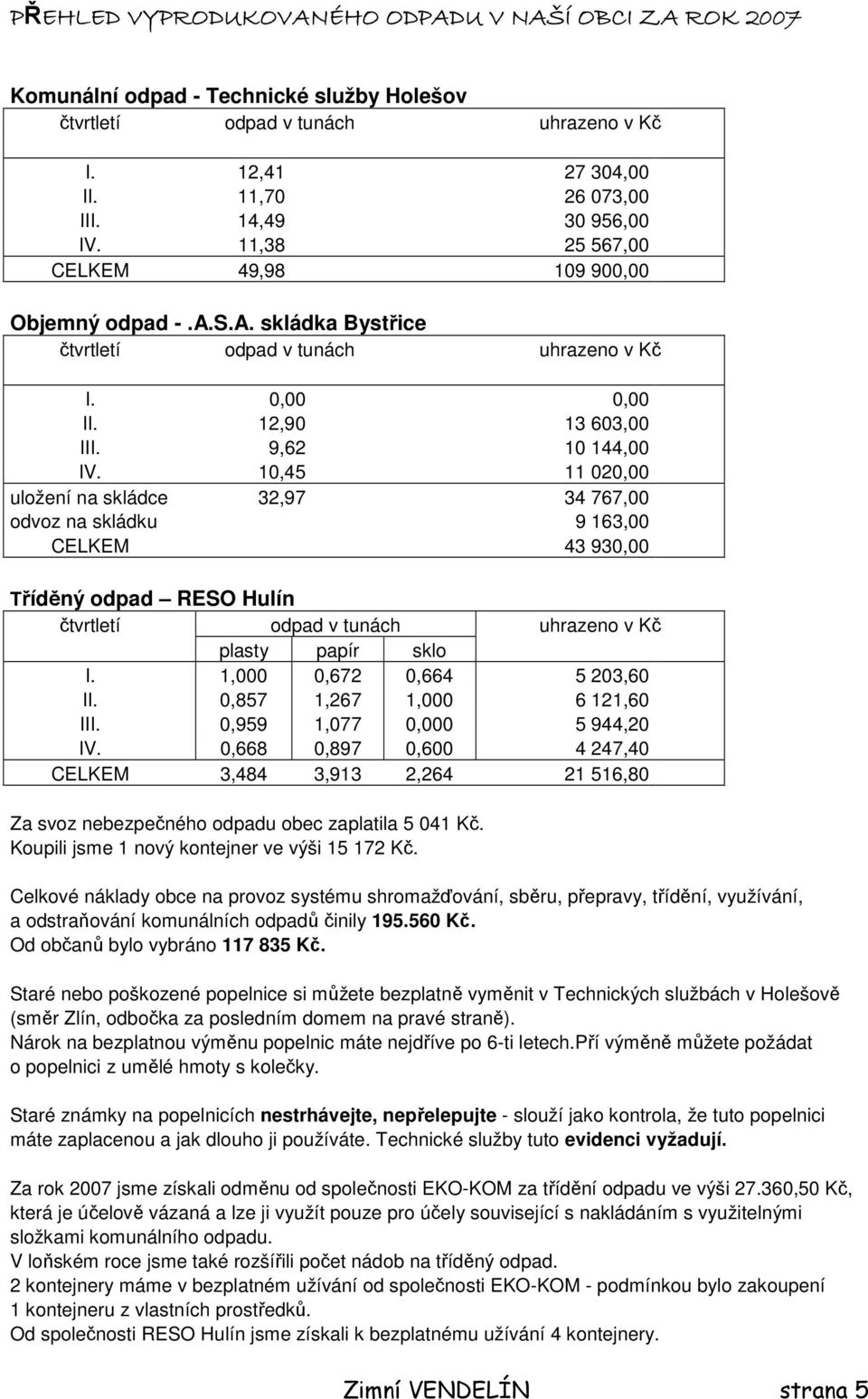 1,45 11 2, uložení na skládce 32,97 34 767, odvoz na skládku 9 163, CELKEM 43 93, Tříděný odpad RESO Hulín čtvrtletí odpad v tunách uhrazeno v Kč plasty papír sklo I. 1,,672,664 5 23,6 II.