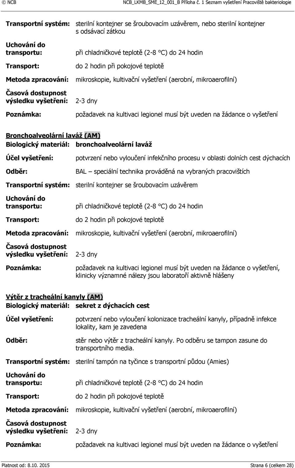 infekčního procesu v oblasti dolních cest dýchacích BAL speciální technika prováděná na vybraných pracovištích Transportní systém: sterilní kontejner se šroubovacím uzávěrem při chladničkové teplotě