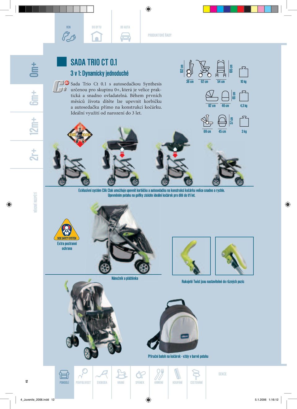 102 cm 38 cm 92 cm 69 cm 82 cm 105 cm 54 cm 10 kg 65 cm 46 cm 4,3 kg 57 cm 45 cm 3 kg VĚKOVÉ ROZPĚTÍ Exklusivní systém Clik Clak umožňuje upevnit korbičku a autosedačku na konstrukci kočárku velice