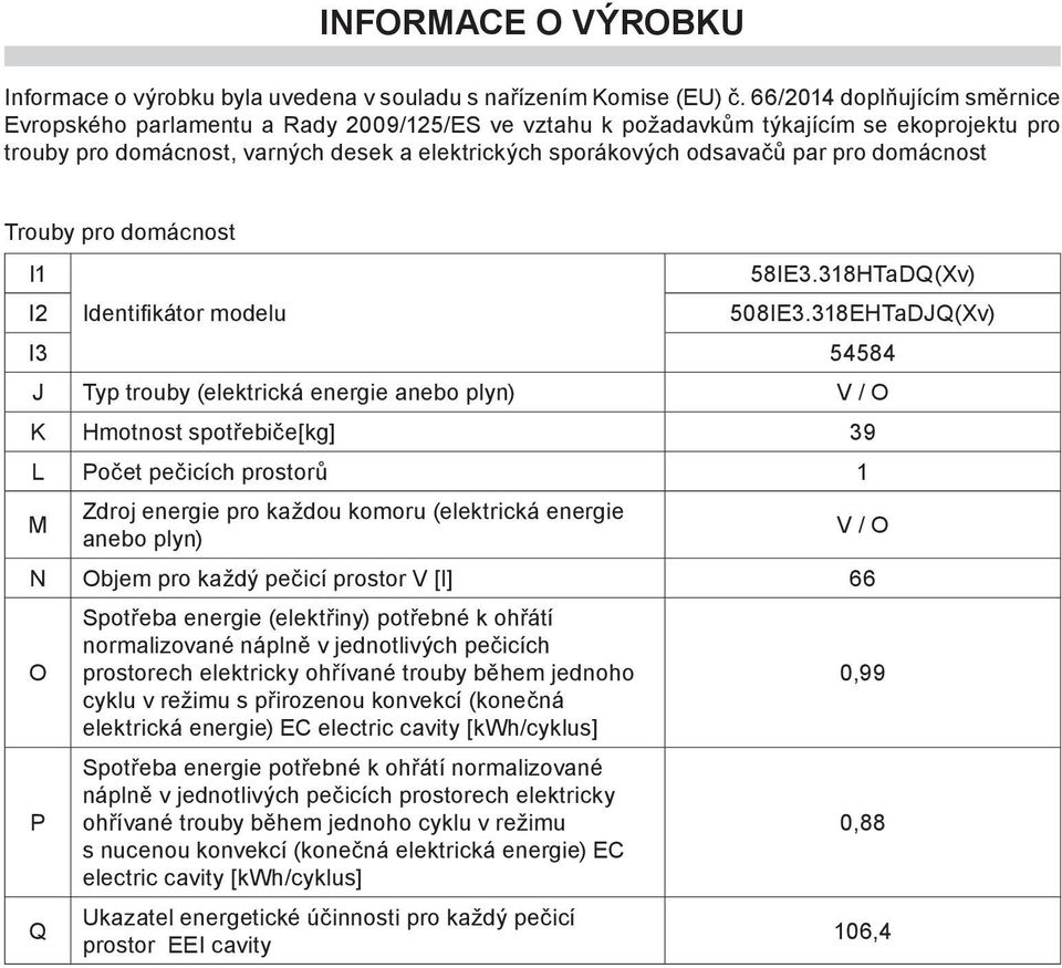 pro domácnost Trouby pro domácnost I1 I2 I3 54584 J Typ trouby (elektrická energie anebo plyn) V / O K Hmotnost spotřebiče[kg] 39 L Počet pečicích prostorů 1 M Zdroj energie pro každou komoru