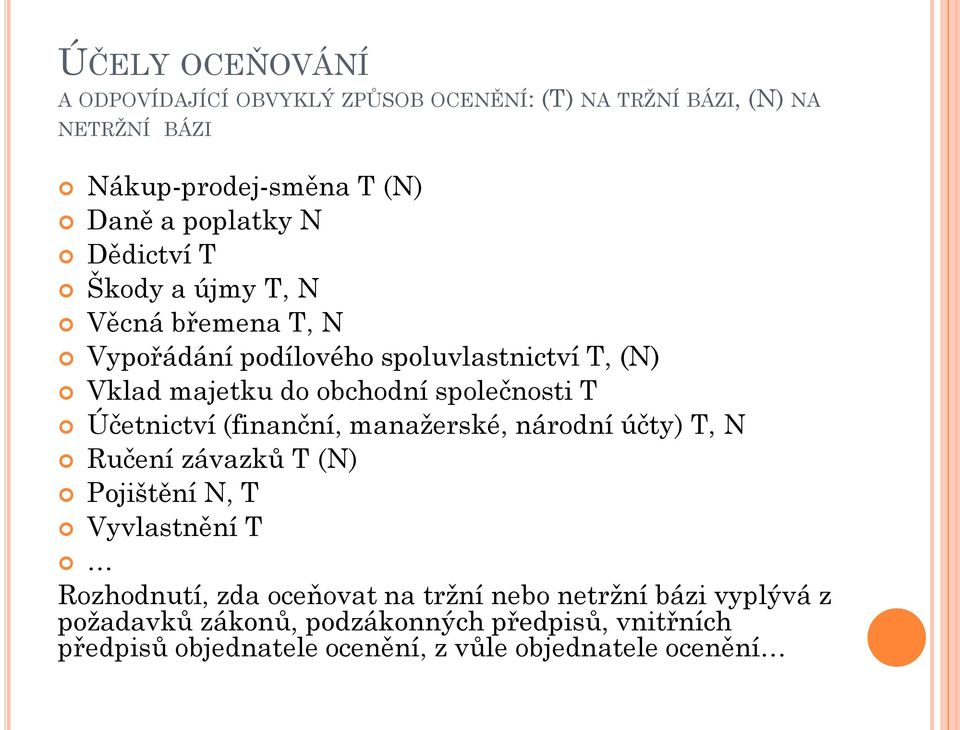 Účetnictví (finanční, manažerské, národní účty) T, N Ručení závazků T (N) Pojištění N, T Vyvlastnění T Rozhodnutí, zda oceňovat na