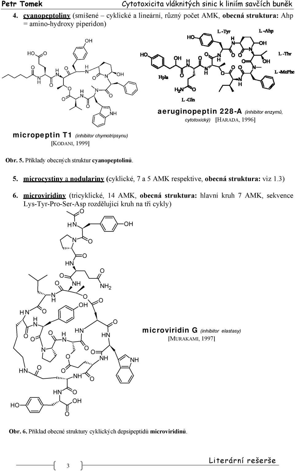 3) 6. microviridiny (tricyklické, 1 AMK, obecná struktura: hlavní kruh 7 AMK, sekvence Lys-Tyr-Pro-Ser-Asp rozdělující kruh na tři cykly) microviridin G (inhibitor