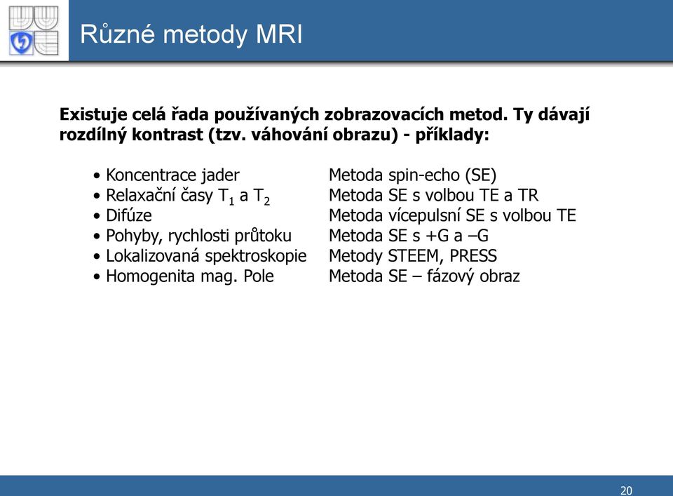 váhování obrazu) - příklady: Koncentrace jader Metoda spin-echo (SE) Relaxační časy T 1 a T 2 Metoda