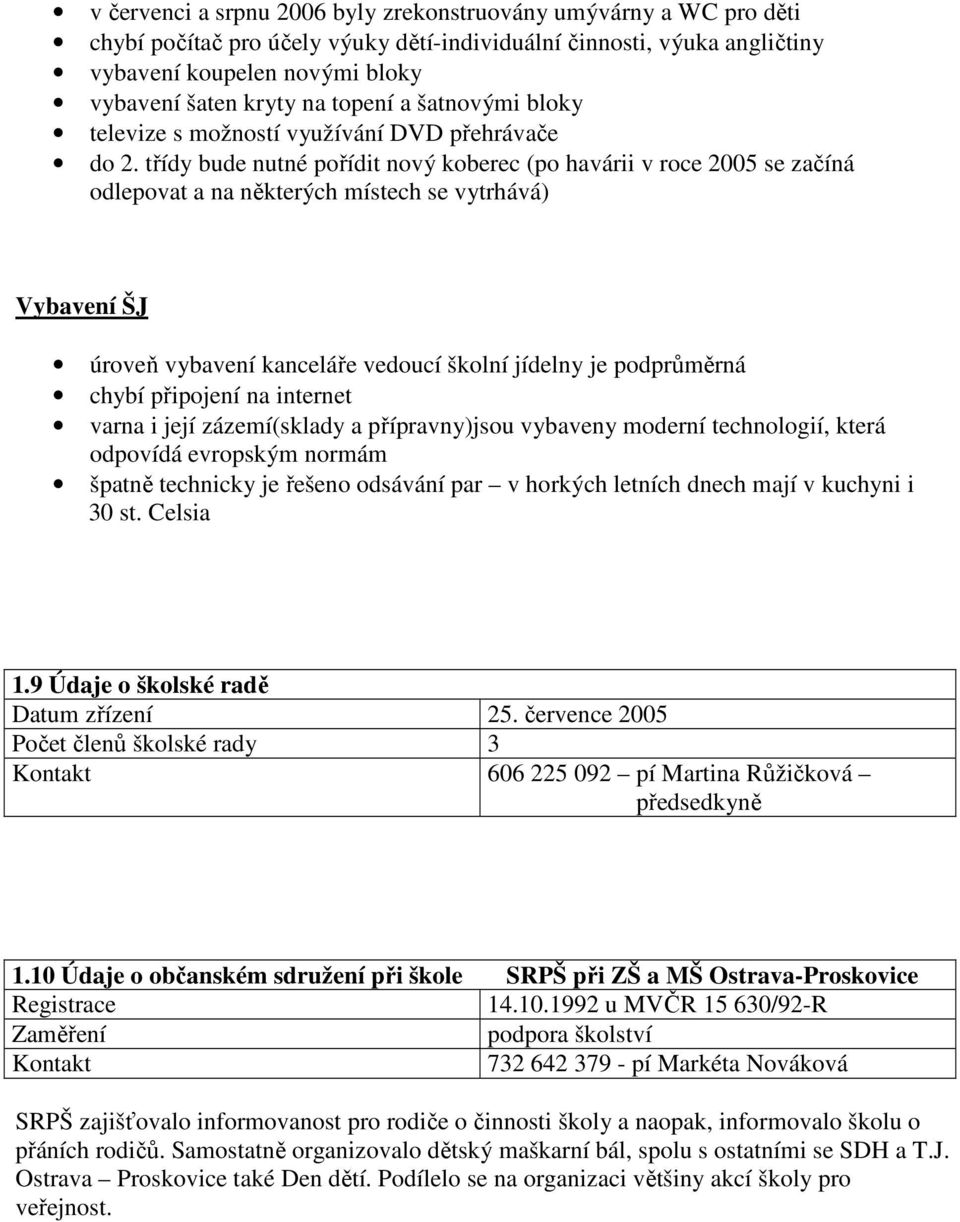 třídy bude nutné pořídit nový koberec (po havárii v roce 2005 se začíná odlepovat a na některých místech se vytrhává) Vybavení ŠJ úroveň vybavení kanceláře vedoucí školní jídelny je podprůměrná chybí