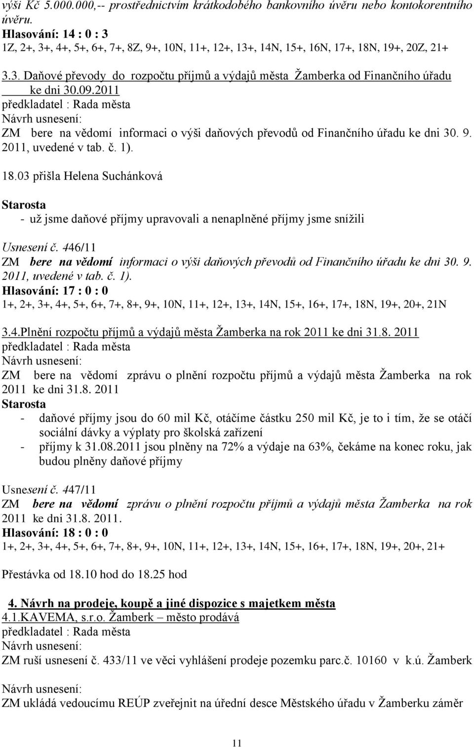 09.2011 předkladatel : Rada města ZM bere na vědomí informaci o výši daňových převodů od Finančního úřadu ke dni 30. 9. 2011, uvedené v tab. č. 1). 18.