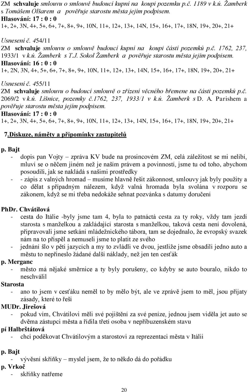 454/11 ZM schvaluje smlouvu o smlouvě budoucí kupní na koupi částí pozemků p.č. 1762, 237, 1933/1 v k.ú. Žamberk s T.J. Sokol Žamberk a pověřuje starostu města jejím podpisem.