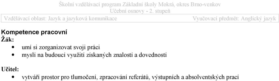 Kompetence pracovní umí si zorganizovat svoji práci myslí na budoucí využití získaných znalostí