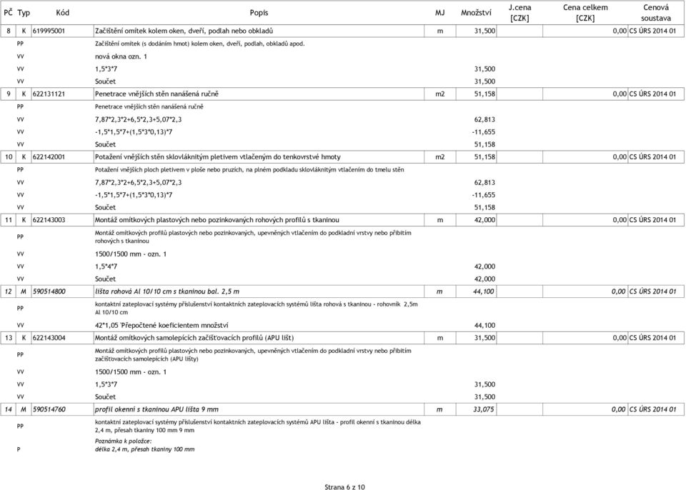 62,813-1,5*1,5*7+(1,5*3*0,13)*7-11,655 Součet 51,158 10 K 622142001 Potažení vnějších stěn sklovláknitým pletivem vtlačeným do tenkovrstvé hmoty m2 51,158 0,00 CS ÚRS 2014 01 Potažení vnějších ploch