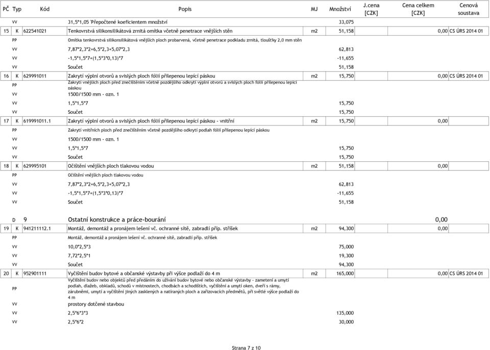 Zakrytí výplní otvorů a svislých ploch fólií přilepenou lepící páskou m2 15,750 0,00 CS ÚRS 2014 01 Zakrytí vnějších ploch před znečištěním včetně pozdějšího odkrytí výplní otvorů a svislých ploch