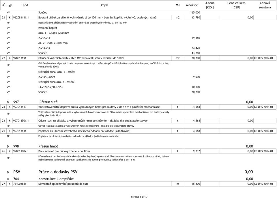 2-2200 x 3700 mm 2,2*3,7*3 24,420 Součet 43,780 22 K 978013191 Otlučení vnitřních omítek stěn MV nebo MVC stěn v rozsahu do 100 % m2 20,700 0,00 CS ÚRS 2014 01 Otlučení omítek vápenných nebo