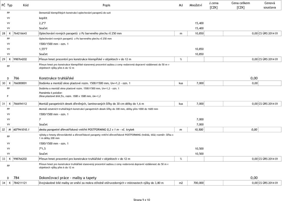 1 Oplechování rovných parapetů z Pz barveného plechu rš 250 mm 1,55*7 10,850 Součet 10,850 29 K 998764202 Přesun hmot procentní pro konstrukce klempířské v objektech v do 12 m % 0,00 CS ÚRS 2014 01