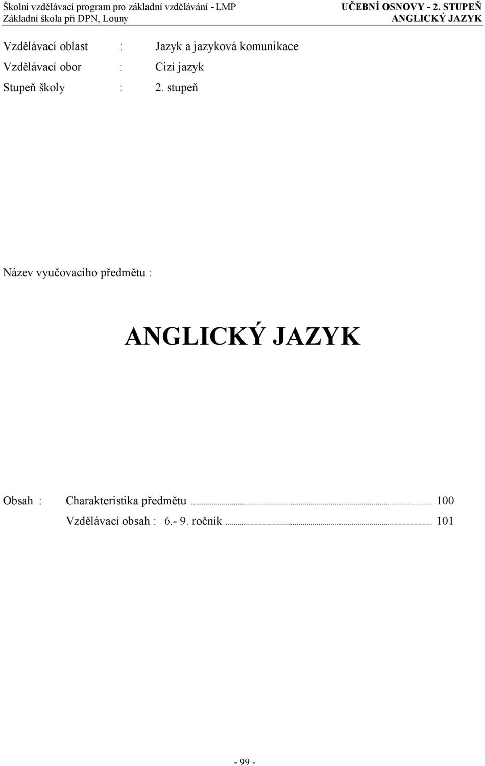 STUPEŇ ANGLICKÝ JAZYK Vzdělávací oblast : Jazyk a jazyková komunikace Vzdělávací obor :