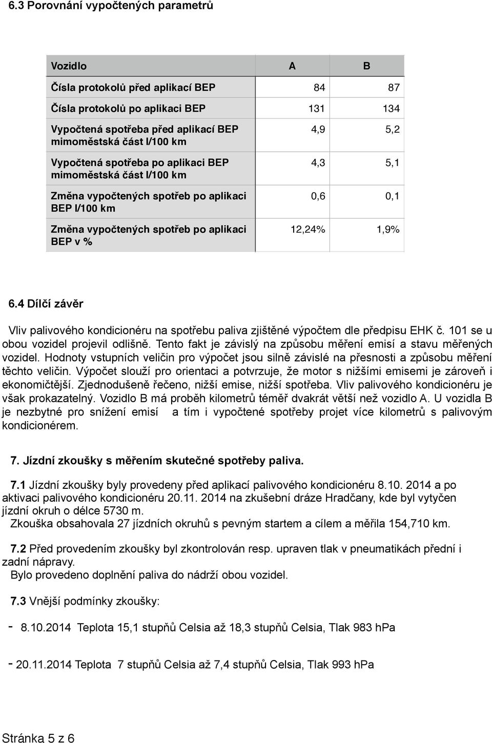 4 Dílčí závěr Vliv palivového kondicionéru na spotřebu paliva zjištěné výpočtem dle předpisu EHK č. 101 se u obou vozidel projevil odlišně.