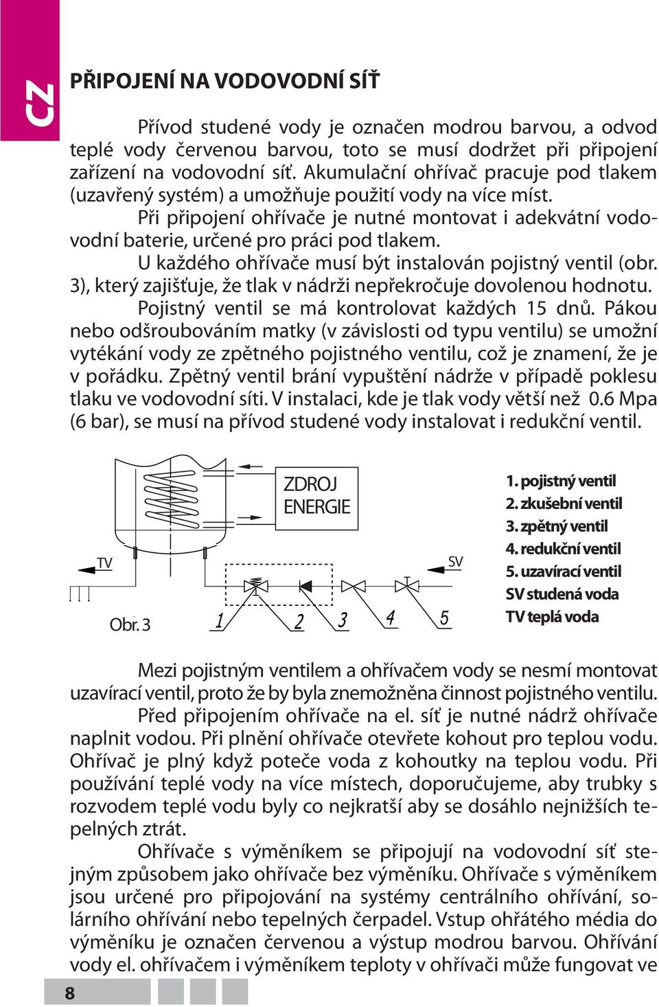 U každého ohřívače musí být instalován pojistný ventil (obr. 3), který zajišťuje, že tlak v nádrži nepřekročuje dovolenou hodnotu. Pojistný ventil se má kontrolovat každých 15 dnů.