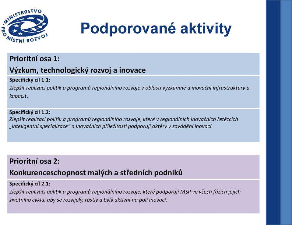 2: Zlepšit realizaci politik a programů regionálního rozvoje, které v regionálních inovačních řetězcích inteligentní specializace a inovačních příležitostí podporují