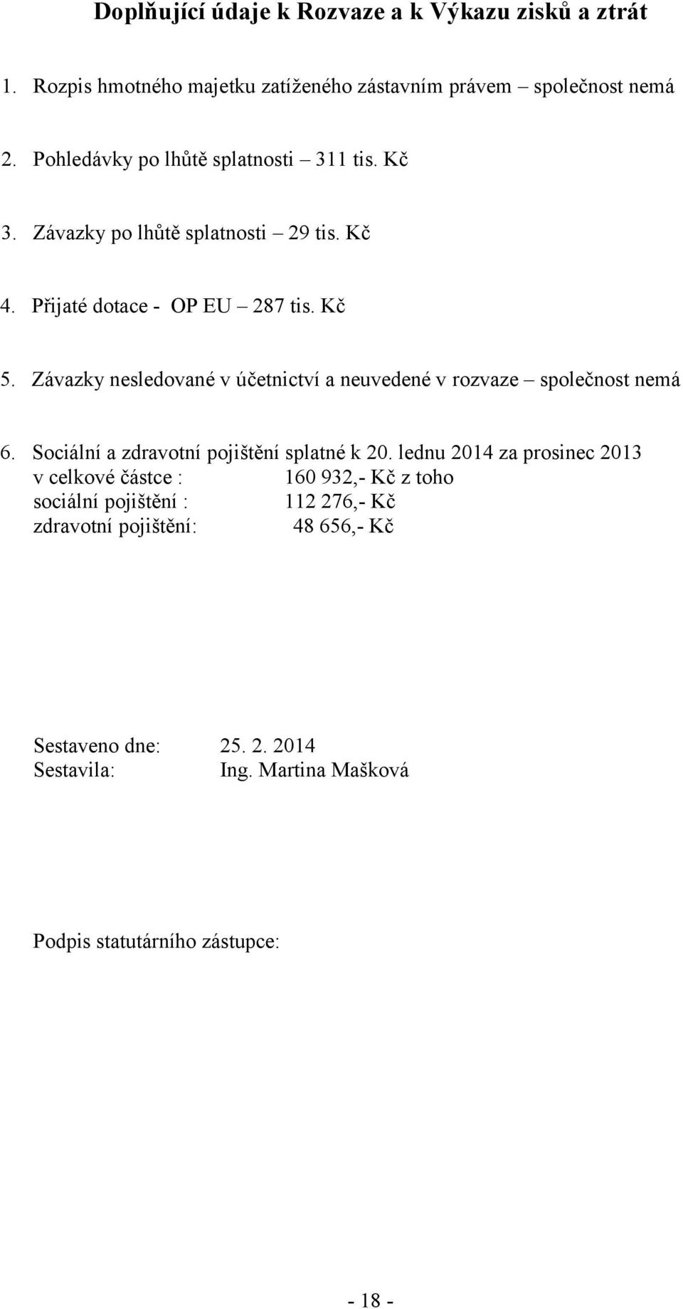 Závazky nesledované v účetnictví a neuvedené v rozvaze společnost nemá 6. Sociální a zdravotní pojištění splatné k 20.