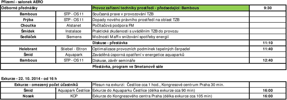 Helebrant Stiebel - Eltron Optimalizace provozních podmínek tepelných čerpadel 11:40 Šmíd Aquapark Zaváděná úsporná opatření v energetice aquaparků Bambous STP - OS 11, závěr semináře 12:40