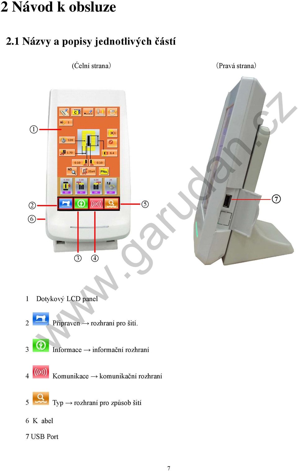 2 6 1 Dotykový LCD panel 3 2 Připraven rozhraní pro šití.