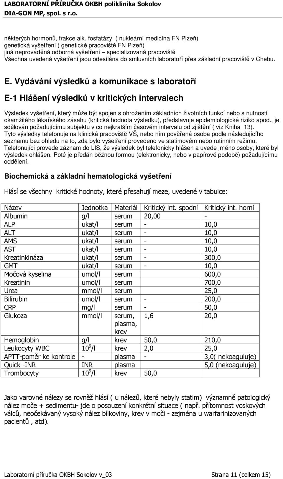 smluvních laboratoří přes základní pracoviště v Chebu. E.