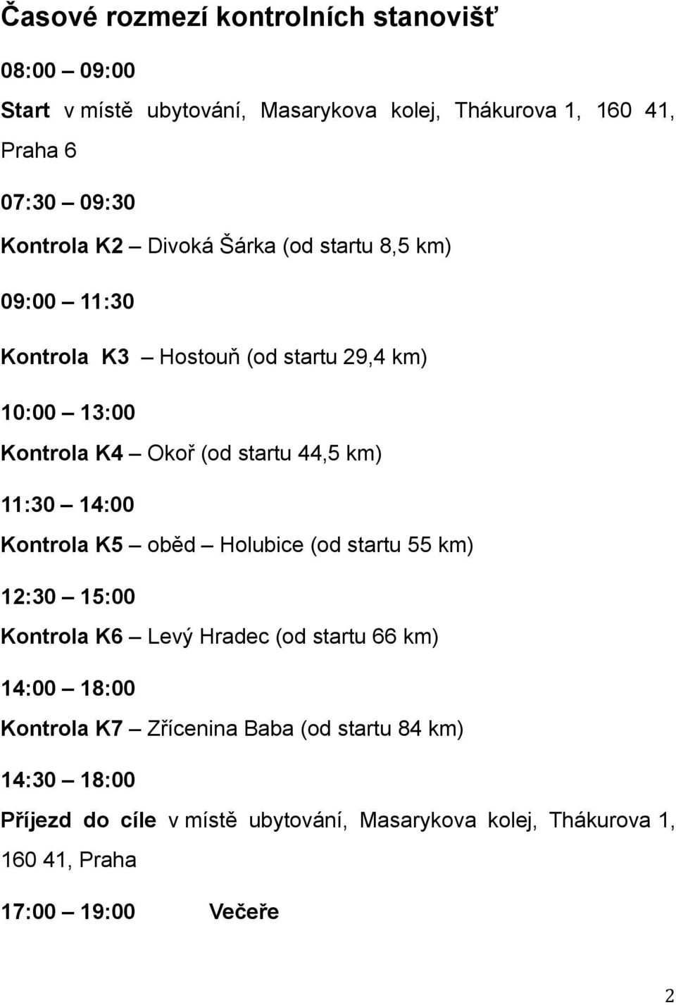 44,5 km) 11:30 14:00 Kontrola K5 oběd Holubice (od startu 55 km) 12:30 15:00 Kontrola K6 Levý Hradec (od startu 66 km) 14:00 18:00 Kontrola