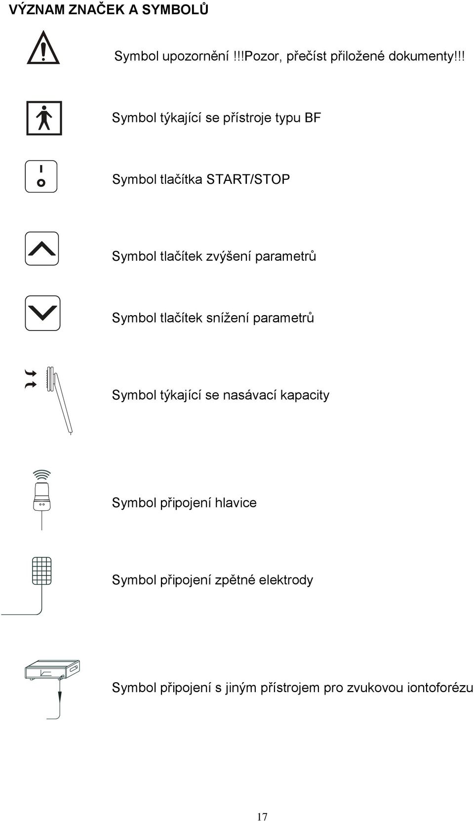 parametrů Symbol tlačítek sníţení parametrů Symbol týkající se nasávací kapacity Symbol