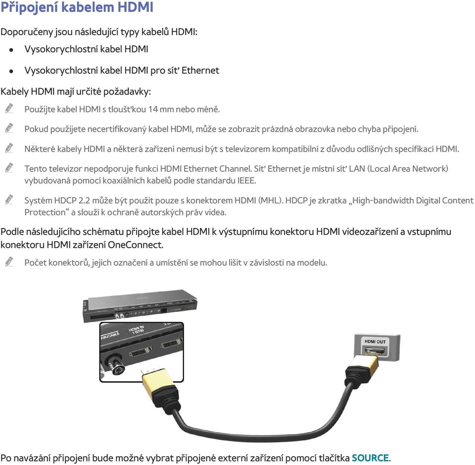 " Některé kabely HDMI a některá zařízení nemusí být s televizorem kompatibilní z důvodu odlišných specifikací HDMI. " Tento televizor nepodporuje funkci HDMI Ethernet Channel.