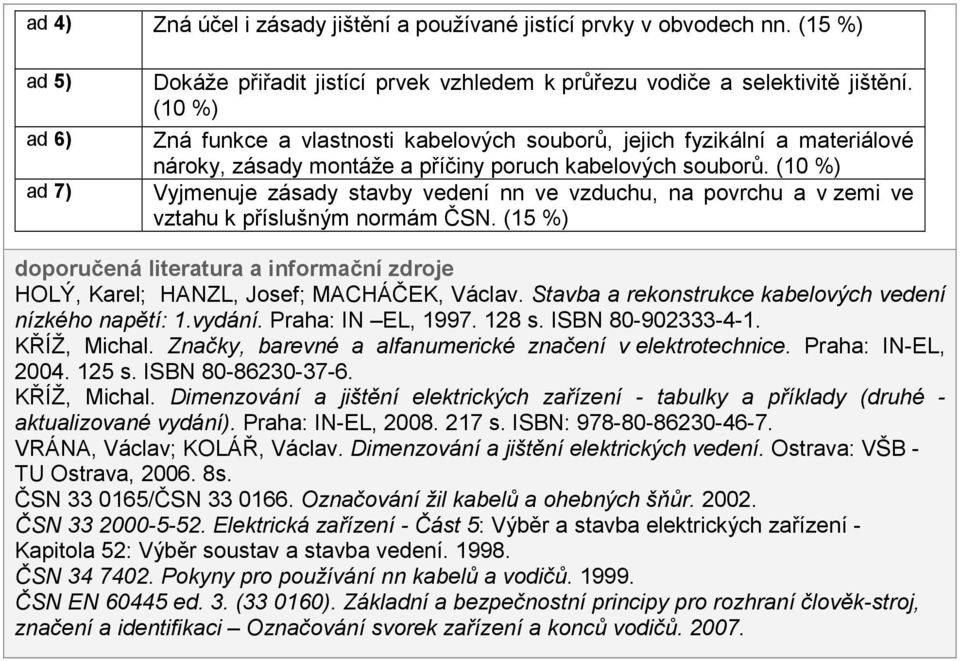 (10 %) Vyjmenuje zásady stavby vedení nn ve vzduchu, na povrchu a v zemi ve vztahu k příslušným normám ČSN.