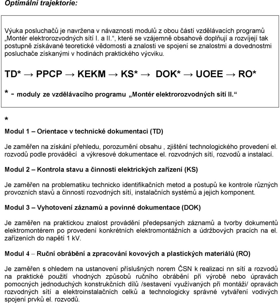 TD* PPCP KEKM KS* DOK* UOEE RO* * - moduly ze vzdělávacího programu Montér elektrorozvodných sítí II.